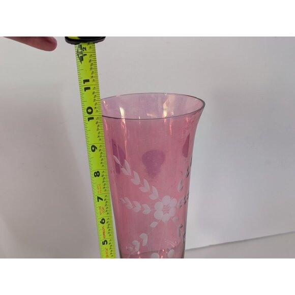 Vintage Cranberry Pink Etched Glass Vase With Floral Design & Clear Pedestal Bas - Picture 6 of 6
